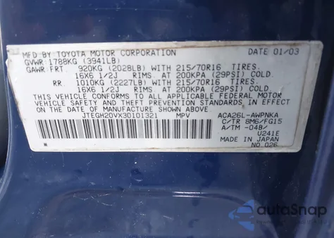 2003 Toyota Rav4 из США, поврежденный, VIN JTEGH20VX30101321